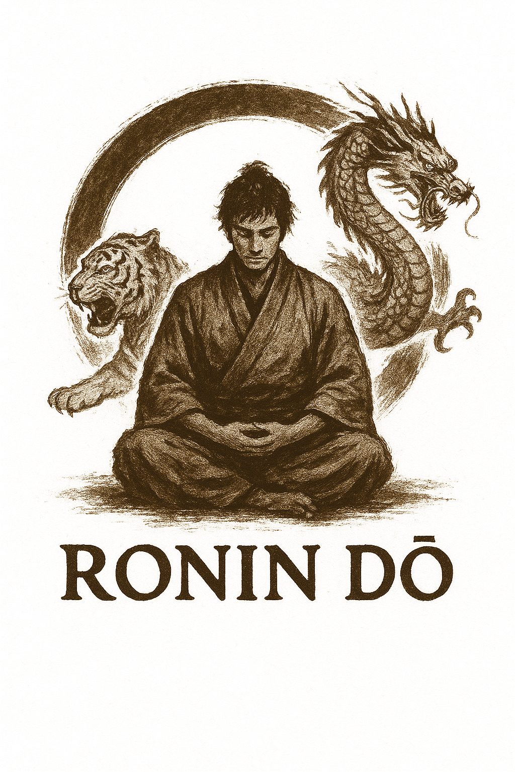 Ronin-do — the seated ronin between the tiger and the dragon, within the enso